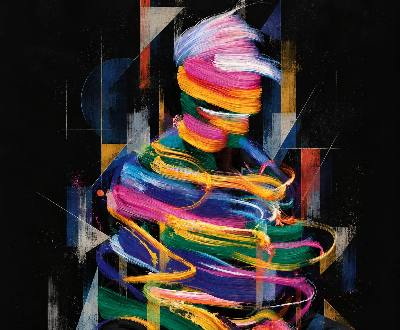 A Cubism-inspired illustration of a figure wrapped in geometric patterns and multicolored ribbons