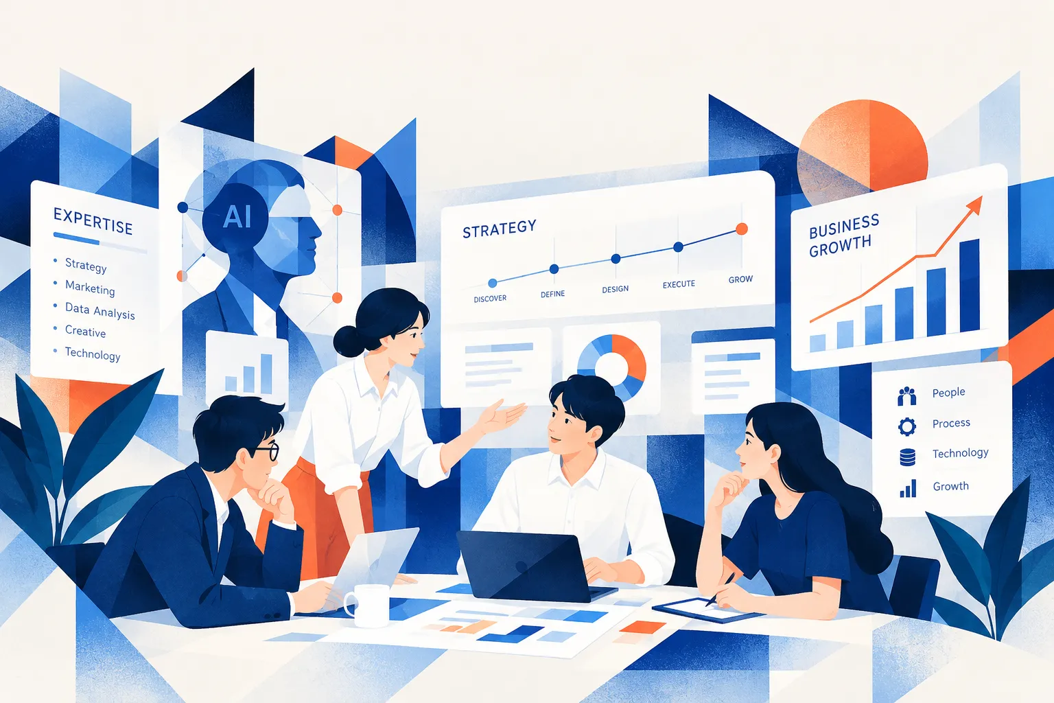 An illustration of a team running alongside a client, from strategy design through AI adoption to business growth